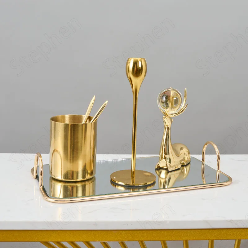 

Tray Nordic Golden Decorative Jewelry Dressing Table Organizer Modern Coffee Stroke Trays Table Mirror Desktop Handle Metal With