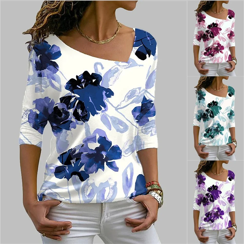 

European and American women's wear spring summer 2022 new fashion square neck long sleeve floral print long sleeve tee