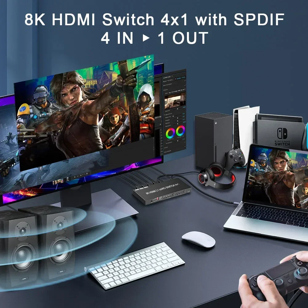 Фото В наличии: HDMI 2.1 коммутатор 8K с экстрактором звука EARC, 4 входа 1 выход, для SONOS ARC или AV-ресивера, SPDIF, EDID, HDMI-переключатель для саундбара №2