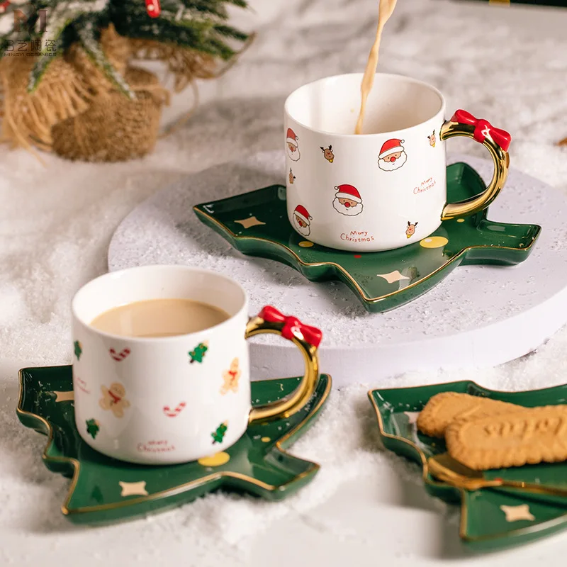 

Christmas Gift Espresso Mug Set Creative Santa Claus Coffee Ceramic Cups with Cute Red Bowknot Handle Beautiful Drinkware Gift
