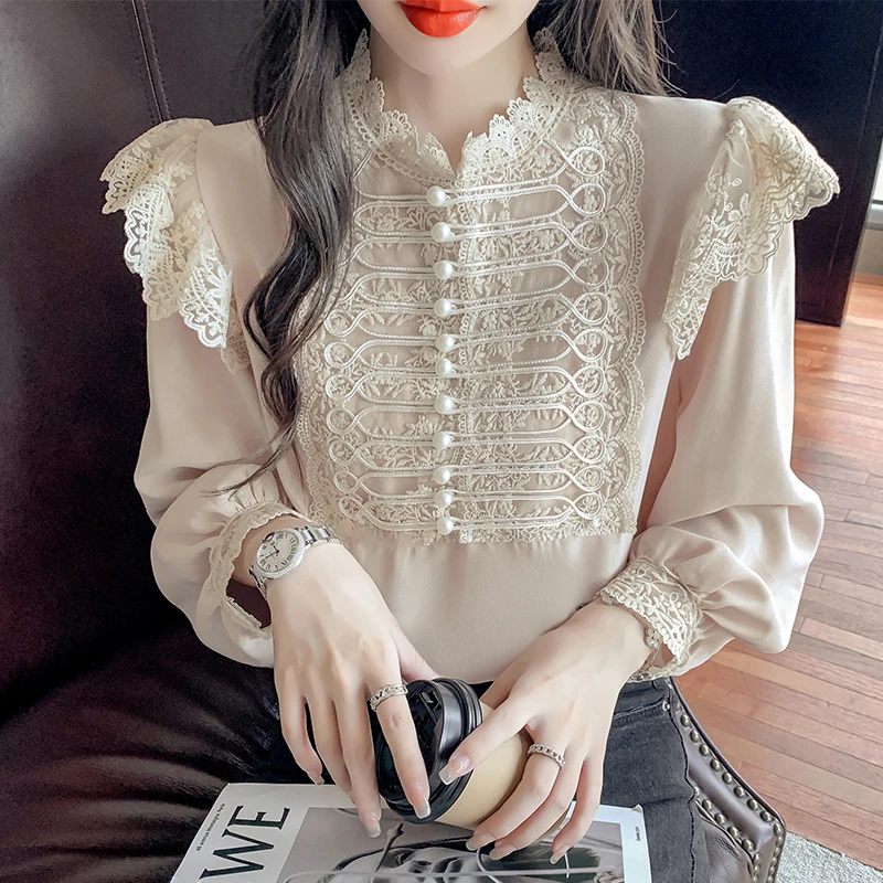 New French Vintage Lace Splicing Women Tops Casual Lady Fashion Shirts Blouses Woman Shirt Female Girls Long Sleeve Blouse 2