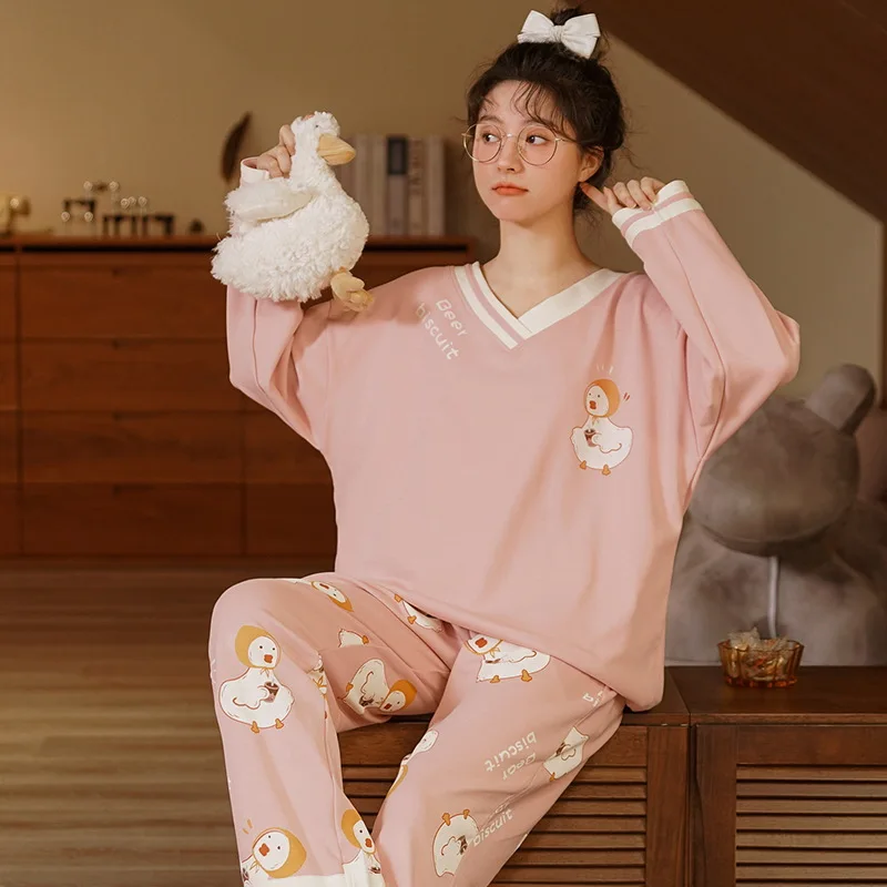 Fdfklak INS Net Red Cotton Pajamas Women New Long Sleeve Pant Suit Spring Autumn Home Clothes Cartoon Student Sleepwear Set