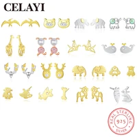 celayi s925 silver stud earrings for women rabbit fawn elephant animal stud earrings zircon simple creative fashion jewelry gift