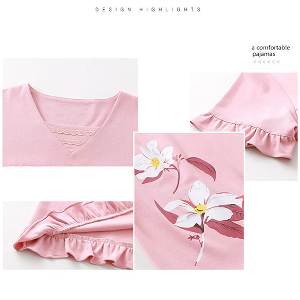 3XL Women's Summer Sleepwear Suit Cotton Soft Pajamas for Women Elegant Floral Print Pyjama pijama feminino Elastic Waist Pants