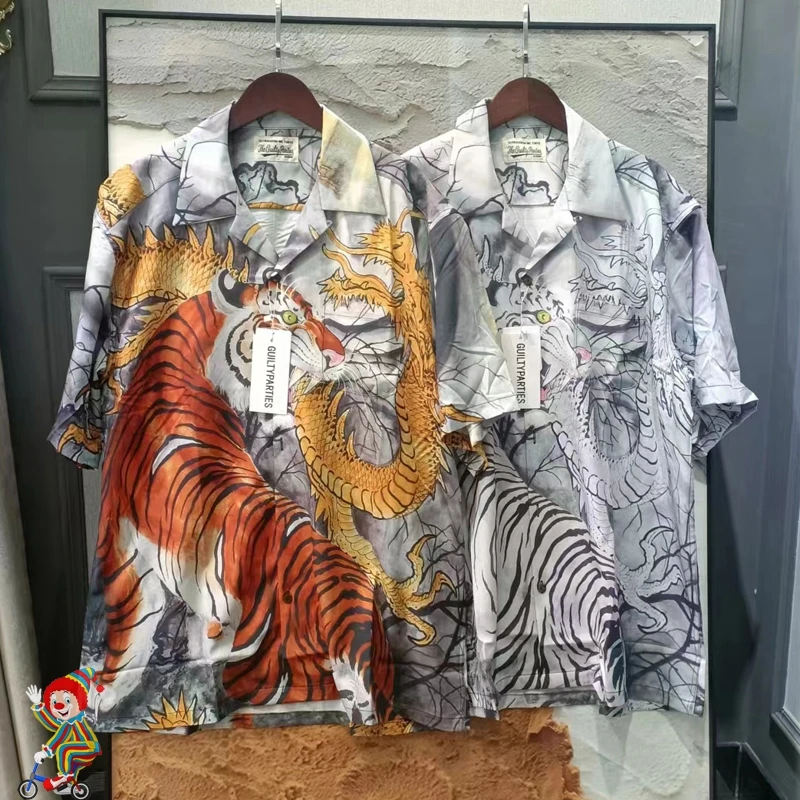 

Tiger Dragon Print Wacko Maria Short Sleeve Shirt Men's Women's Summer Beach Fashion Pocket Shirt T Shirt