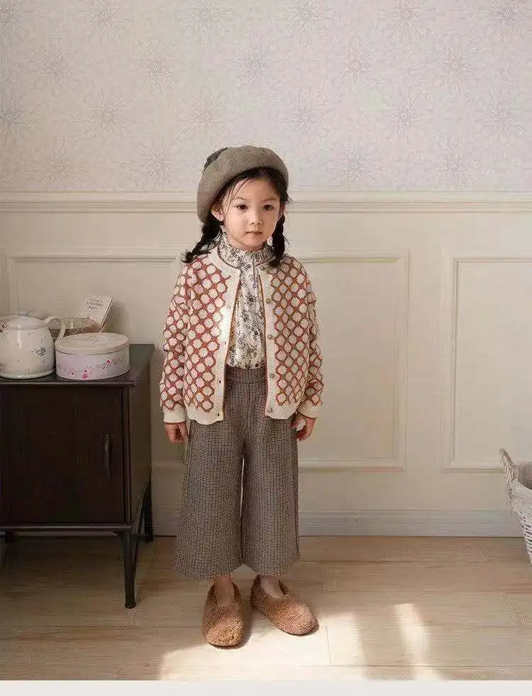 

RiniLucia 2022 Spring 2PCS Girls Clothing Set Cardigan Sweater Coat Long Sleeve Plaid Shirt Wide Leg Pants Baby Girls Clothes