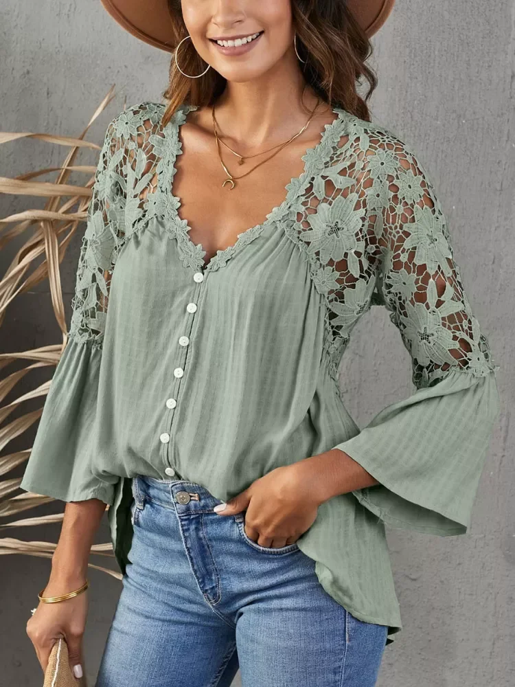 

2023NEW blusas summer Top female women shirts Women's white shirt Blouses tops flare Long sleeve Chic hollow out woman blous