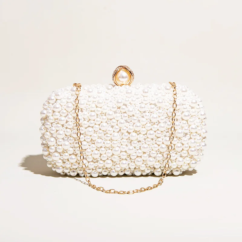 

Fine Fashion Beige Pearl Beaded Luxury Evening Bags Bridal Women's Handbag Clutches Wedding Party Metal Chain Shoulder bag Purse