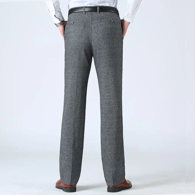 

2023 Summer Middle-aged and Elderly Men's Casual High-waisted Straight Baggy Trousers Fashion Business Cotton Linen Suit Pants