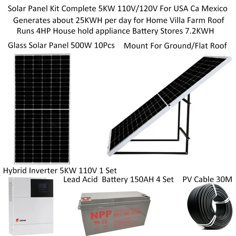 Solar Panel Kit Complete 5000W 5KW 220v 110V Battery Pv Panel 500W Roof Mount MPPT Hybrid Inverter Home Off Grid Solar System
