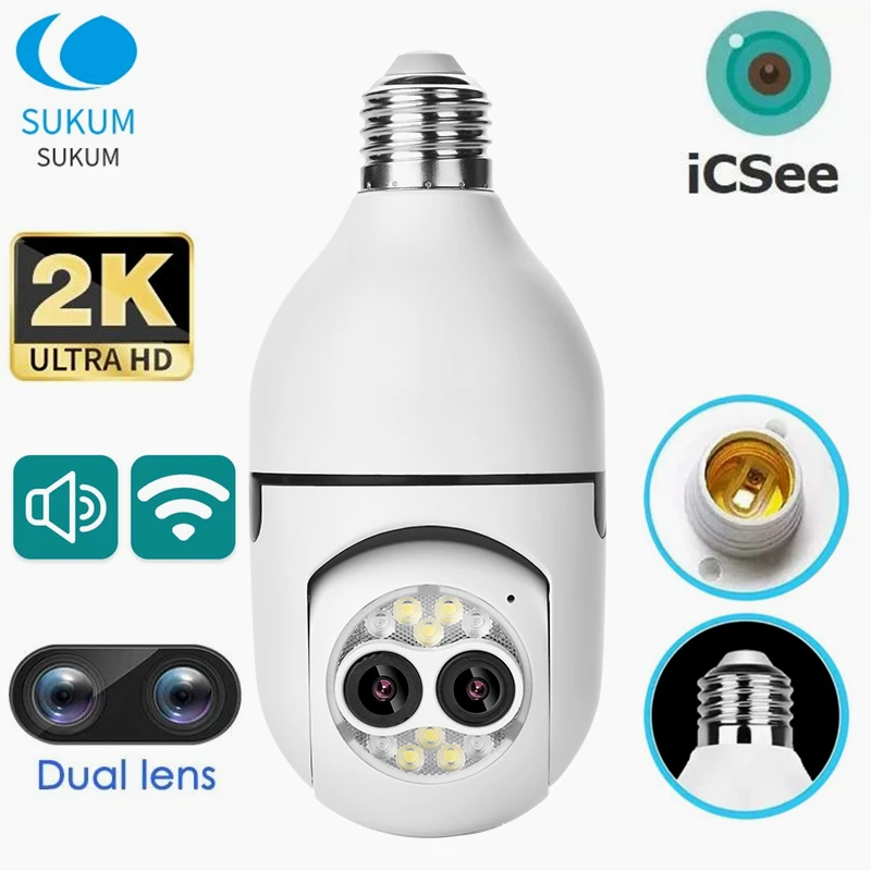 

2K 4MP ICSee E27 Bulb WIFI Camera Indoor 2.8mm Dual Lens Color Night Vision Security Protection WIFI Smart Home Camera