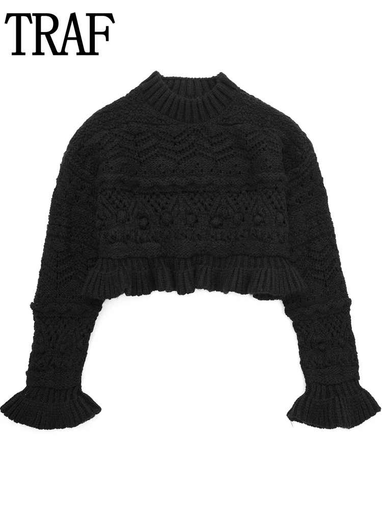 

TRAF Black Sweater Woman Winter 2022 Cropped Knitted Sweater Women Pulovers Long Sleeve Turtle Neck Autumn Women's Jersey