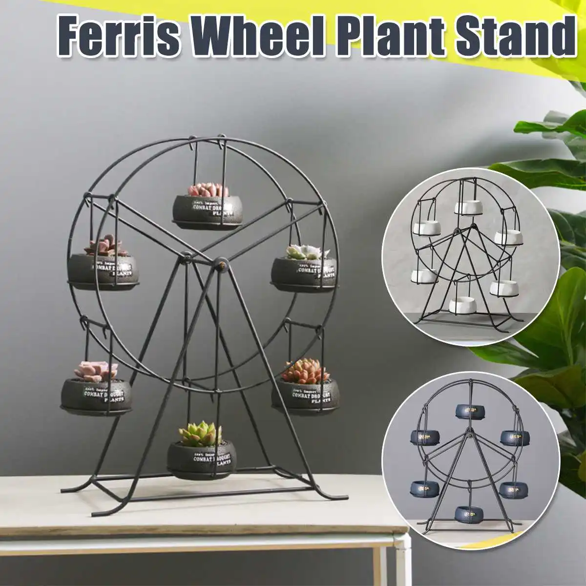

Green Art Simple Creative ins Ferris Wheel Iron Ceramic Succulent Flower Pot Nordic Combination Flower Pot Iron Frame Set