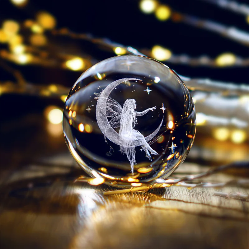

H&D 60mm Moon Fairy Decorative Crystal Ball Statue 3D Laser Engraved Ball with Stand Glass Paperweight Desktop Decor Girls Gift