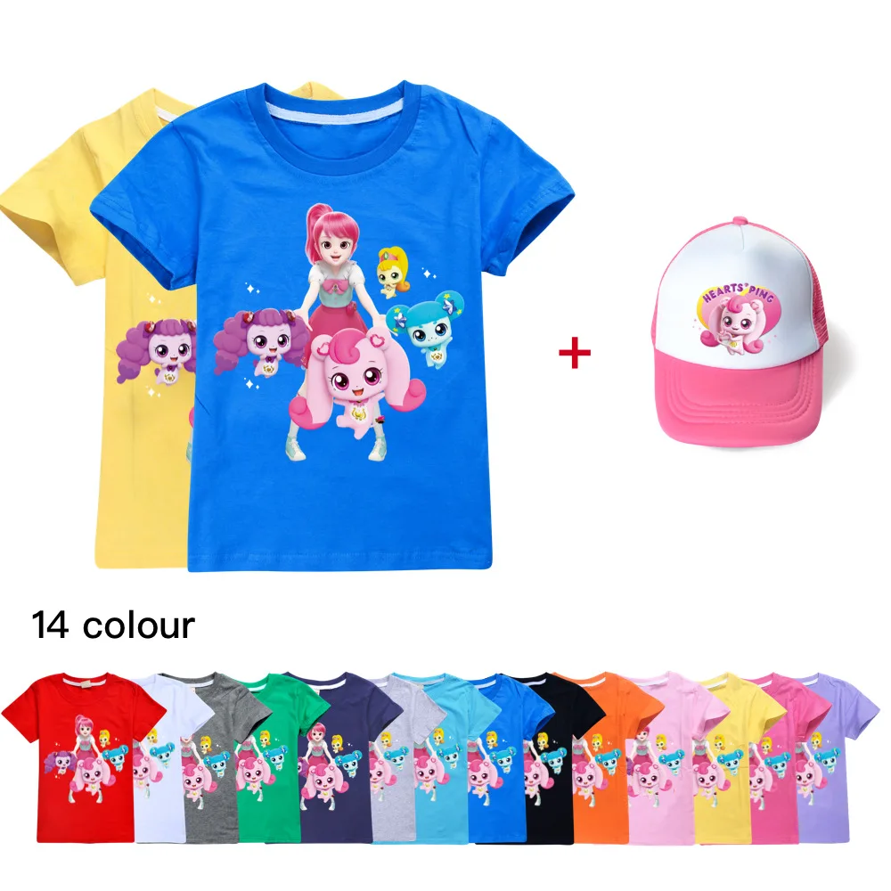 

2022, Детская летняя футболка с принтом в виде милой игры «сердцебиение» для маленьких мальчиков и девочек, футболка с короткими рукавами и мультяшным рисунком, Детский Повседневный Топ + шапочка
