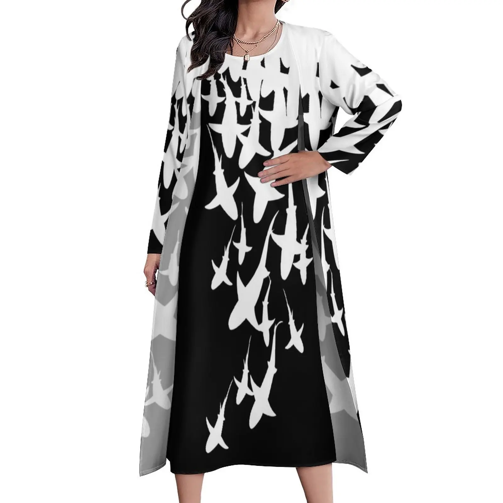 

White Shark Pattern Dress Two-Piece Ocean Life Animal Print Fashion Bohemia Long Dresses Women Kawaii Maxi Dress Gift Idea
