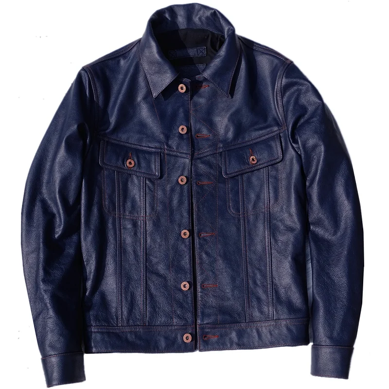 

YR!Free shipping.Cuero Super slim blue genuine leather jacket.men classic casual short young cowhide coat.sales.fashion 천연 가죽