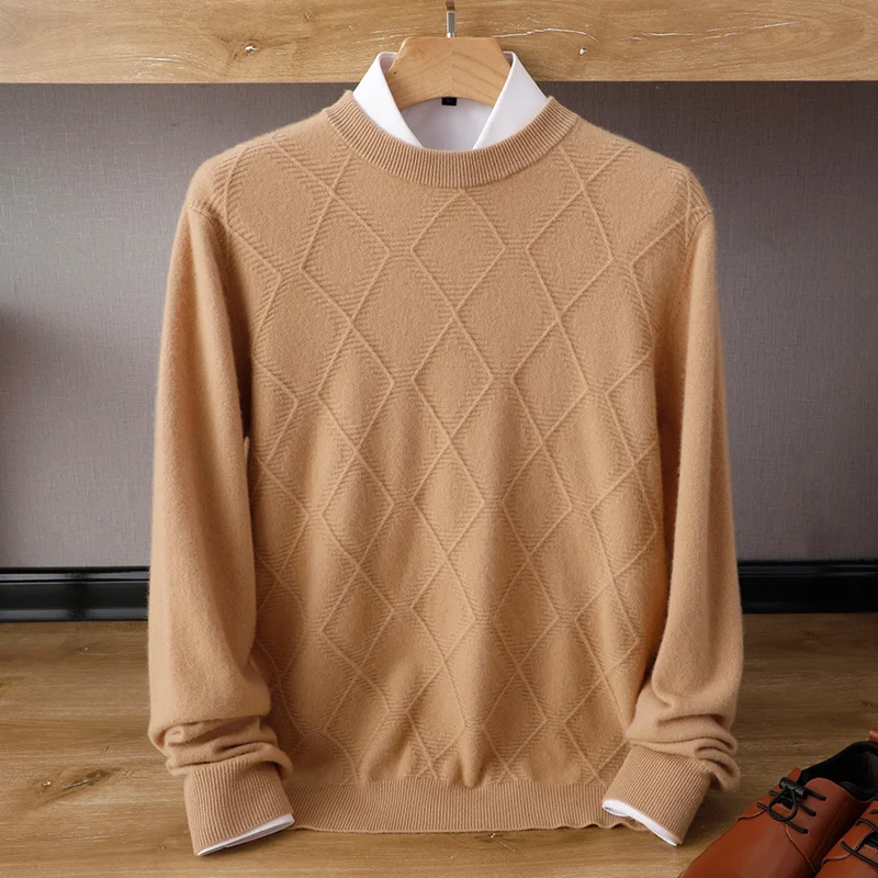 

Men's Cashmere Sweater O-Neck Autumn/Winter New Rhombus Knit Pullovers 100%Wool Sweater Youth Casual Large Size Tops Warm Shirt