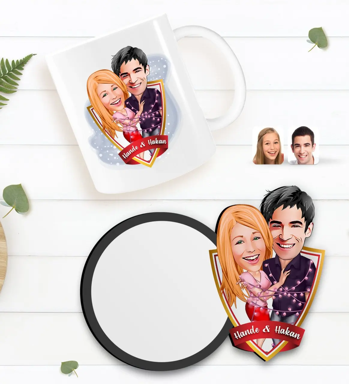 

Персонализированная карикатура на День святого Валентина, белая кружка и деревянная подставка в подарок