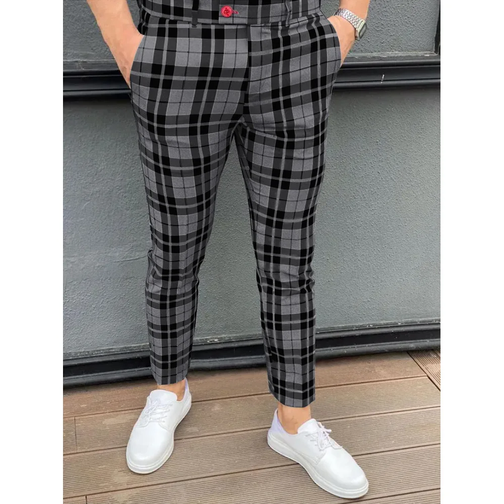 

Spring Men Plaid Pants Streetwear Vintage Casual Trousers With Pockets Leisure Clothes Checkered Print Business Fashion Wear New