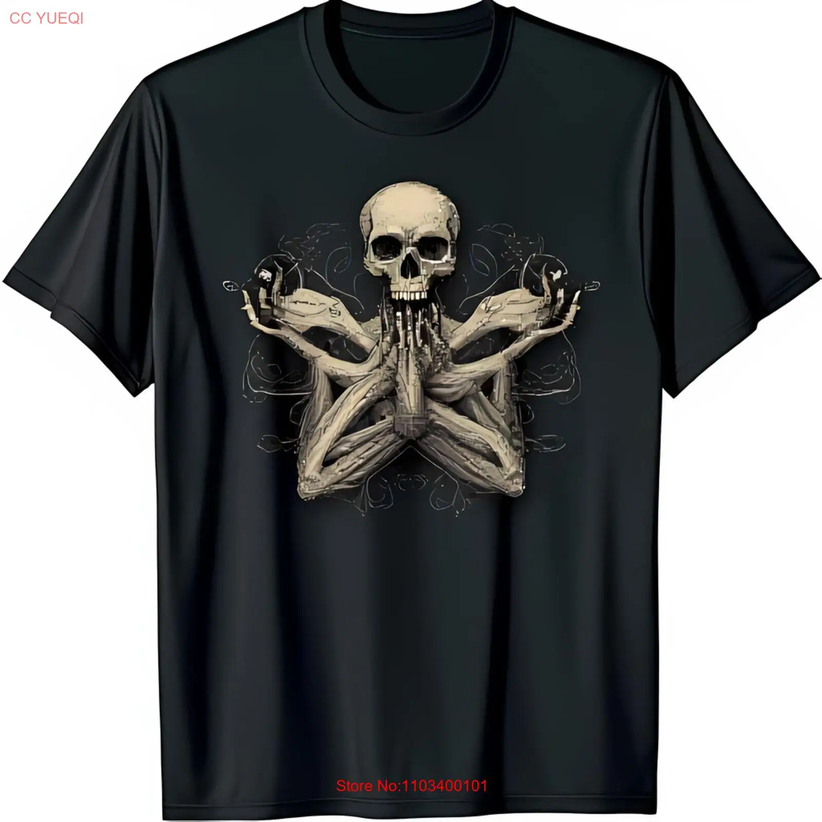 Винтажная черная футболка со стилизованной графикой и скелетовыми руками