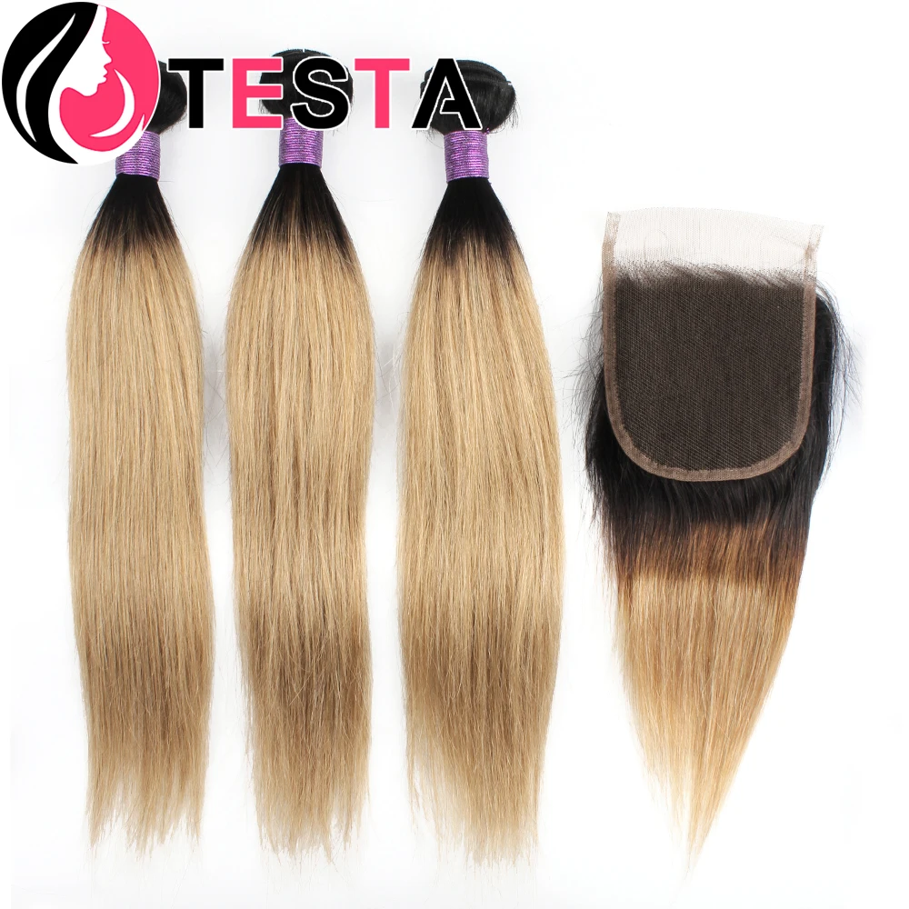 

Straight Brazilian Human Hair Bundles With Lace Closure 1B27 Ombre Hair Weave Bundles With 4x1 Lace Closure Remy Hair Extension