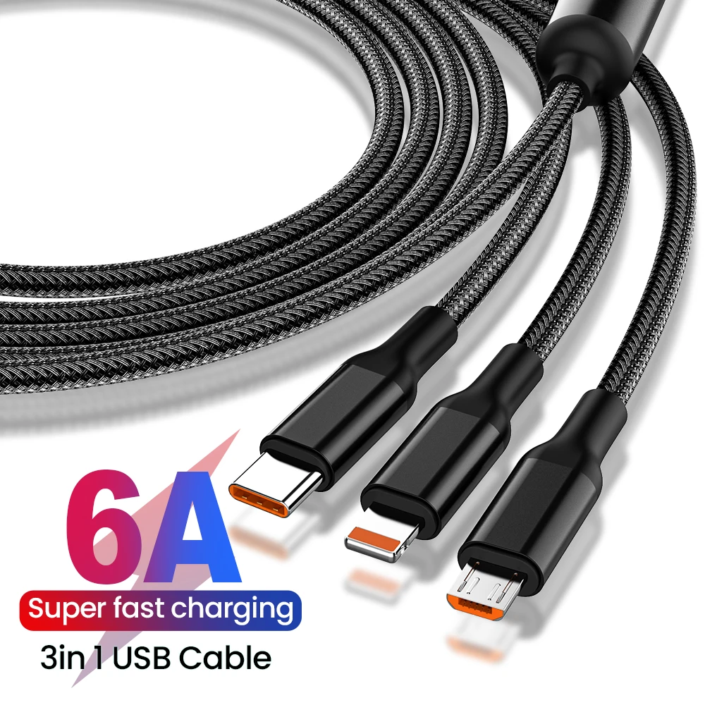 3 In 1 Fast Charging Cord 6A 120W For iPhone Huawei Micro USB Type C Charger Cable Multi Usb Port Multiple Usb Charging Cord 2M