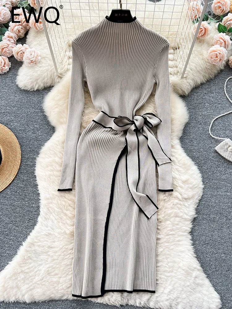 

EWQ Sweet Style Women's Knitted Long-sleeve Lace-up Solid Color High Waist A-line Stand Dress 2023 Autumn New Dresses 27SN3625