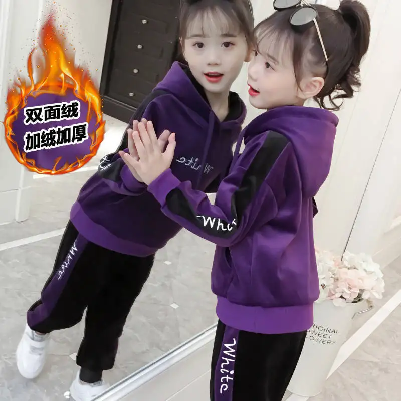 

New Winter Girls Tracksuit Autumn Toddler Teenager Clothes Pleuche Velvet Sweatshirt Hoodie + Striped Pant Children Kid 12 year