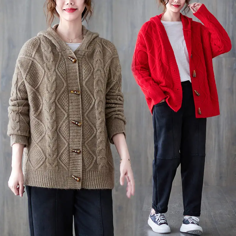 

Casual Twist Sweater Coat Women's Autumn Winter 2022 New Sweet Design Horn Button Hooded Thickened Knitted Cardigan Jacket T688
