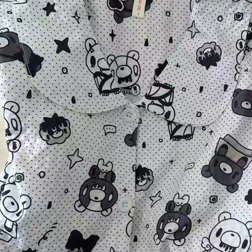 Фото Комплект из 3 предметов: женская пижама с принтом Gloomy Bear, с отложным воротником, длинными рукавами и брюками, милая мультяшная домашняя одежда для сна №5