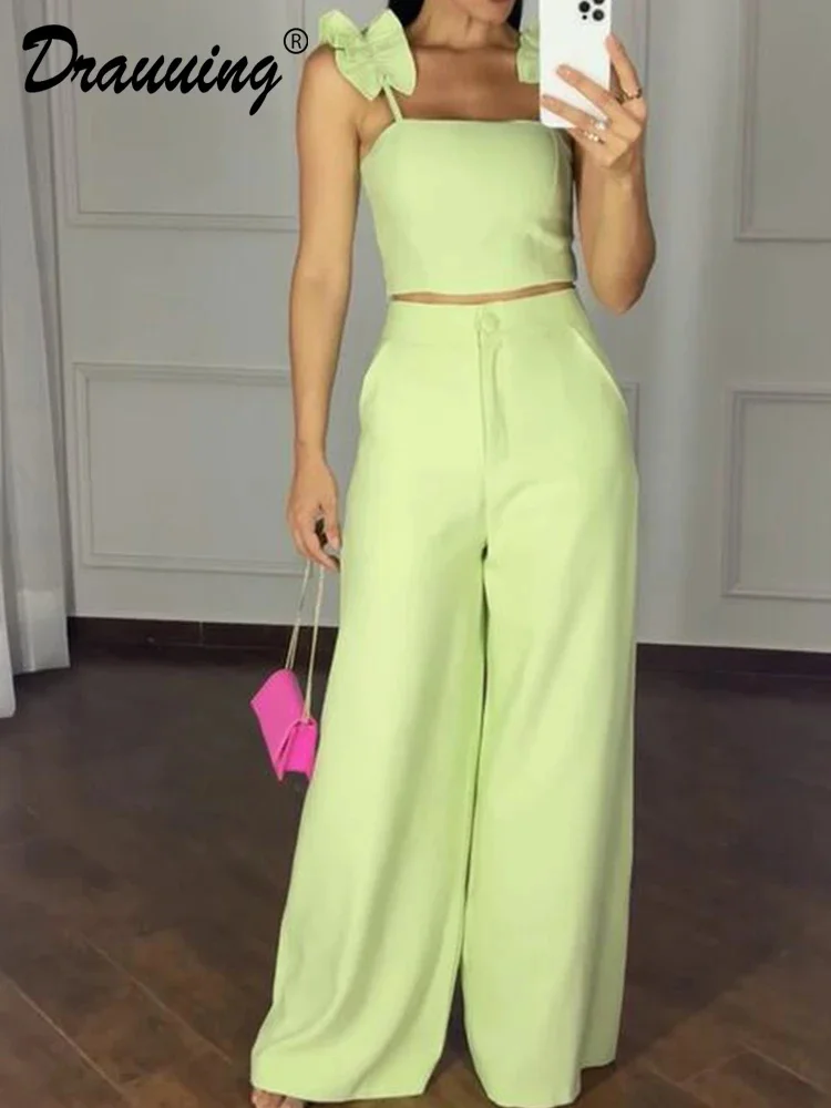 

Комплект из 2 предметов Grn, женский укороченный топ и брюки с широкими штанинами, Женский облегающий брючный костюм, женские повседневные Летние подходящие комплекты