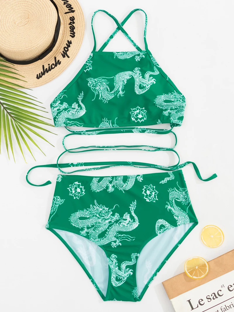 Swim CyxWzy 2022 Trendy Chinese Classical Style Zodiac Dragon Sexy Halter High Waist Pull Rope Beach Party Two-piece Swimsuit