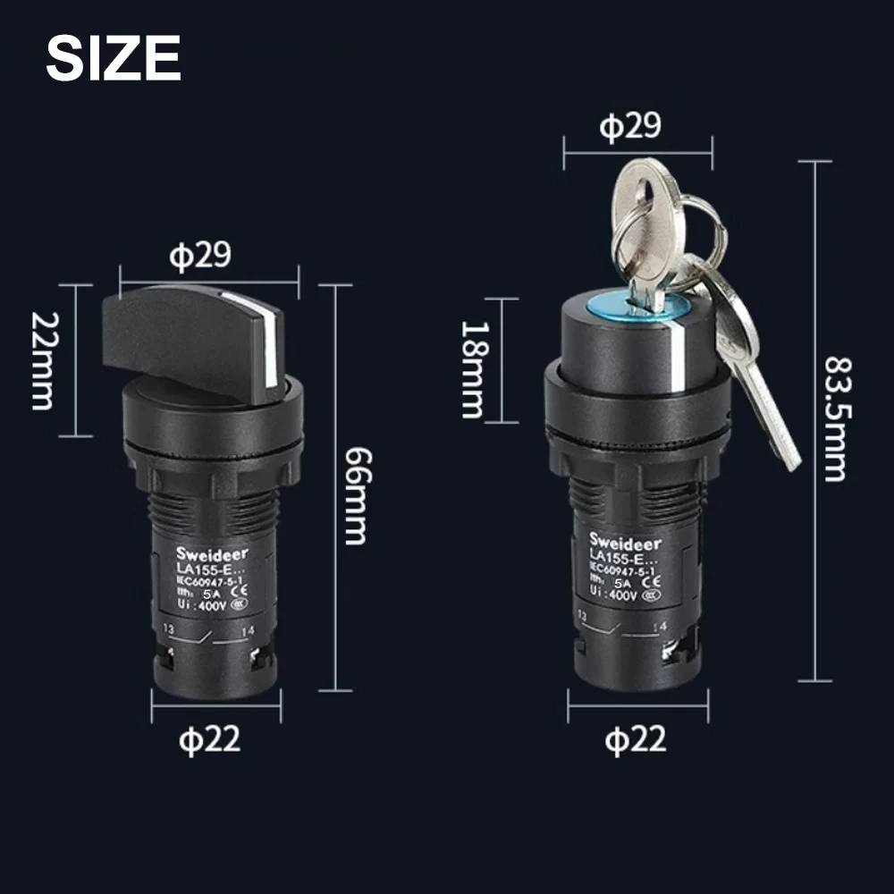 Поворотный переключатель 22 мм 2/3 позиций самоблокировка 1NO/2NO/1NO1NC 5 А