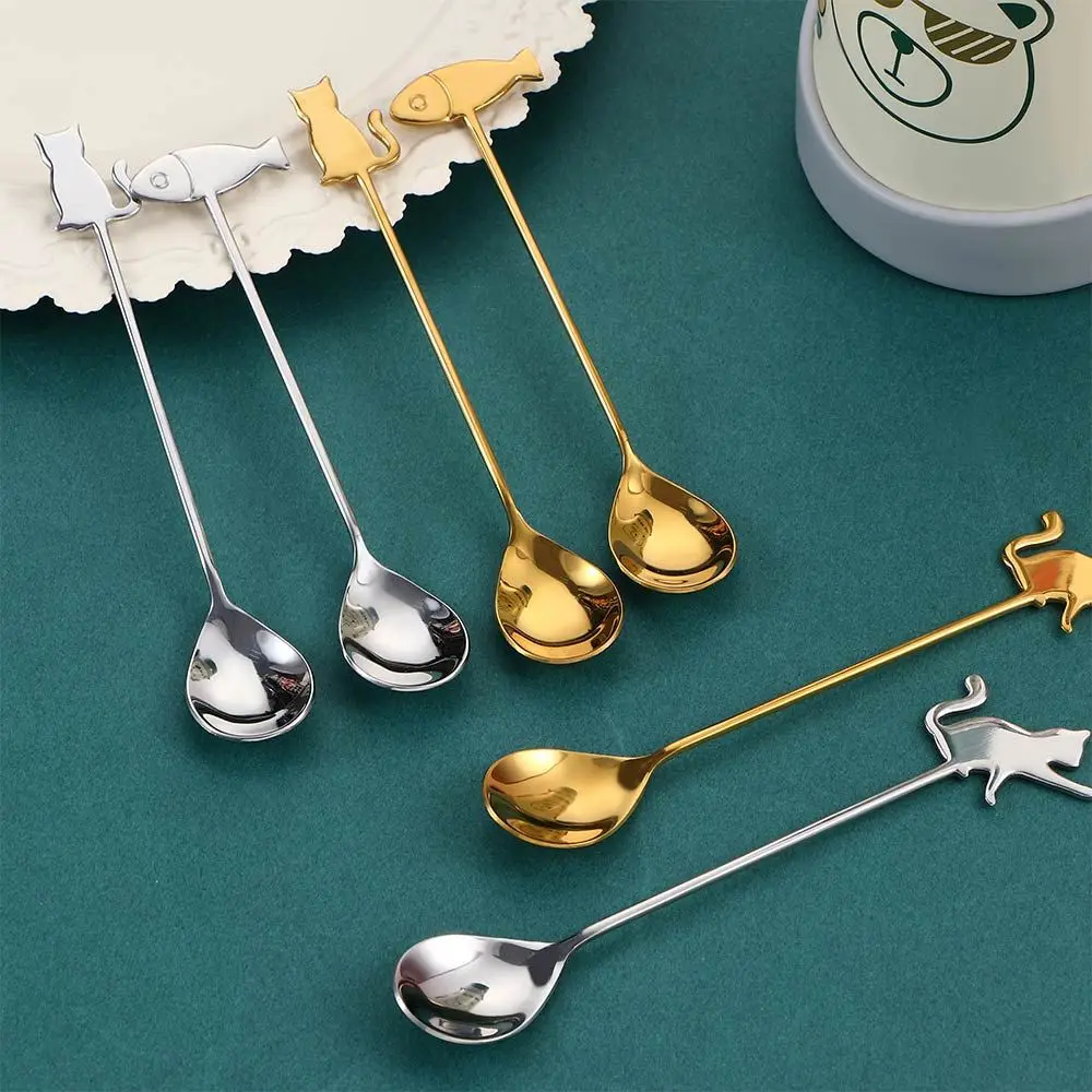 

Small Teaspoon Coffee Spoon Cute Ice Cream Dessert Spoon Cute Cat Fish Silver Gold Stainless Steel Stirring Spoons 1/3pcs