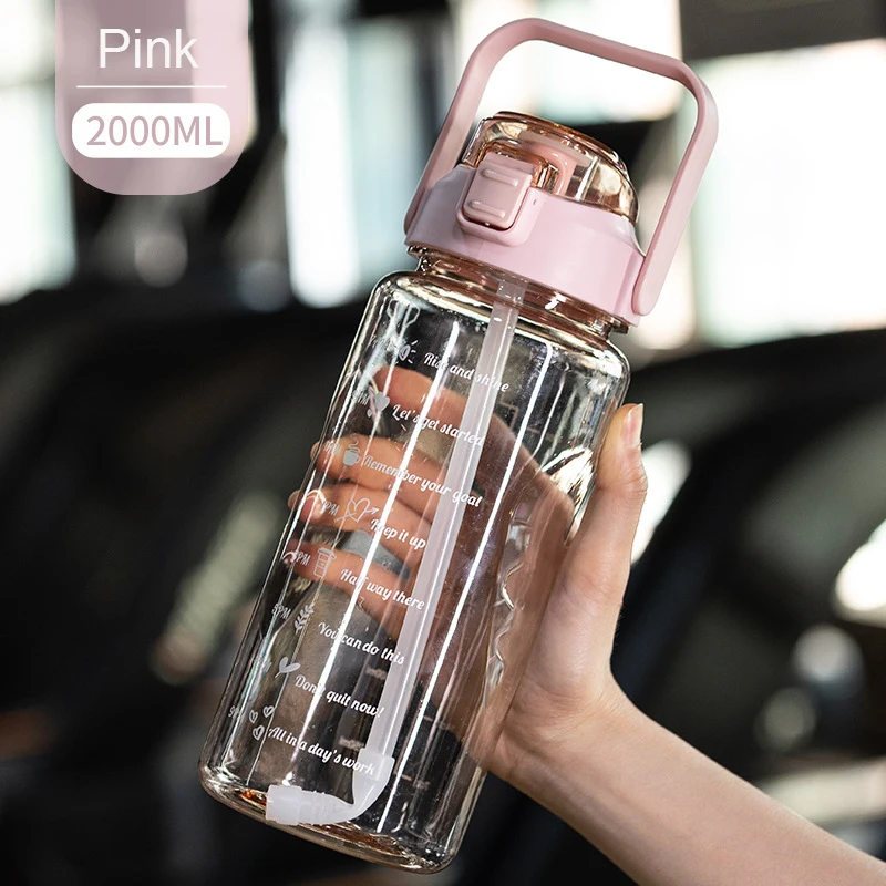 2 Litre Water Bottle with Straw Fitness Plastic Cup Portable Clear Water Bottle with Time Marker Large-capacity Sports Water Cup