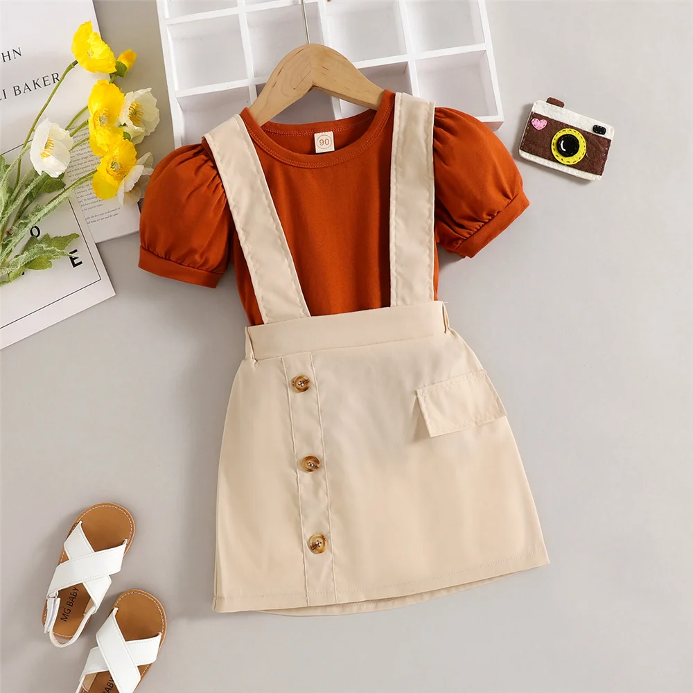 

1-6 Years Kids Girl 2-Piece Sets Toddlers Solid Color Short Sleeve T-Shirt High Waist Button Suspender Skirt Summer Girl Clothes