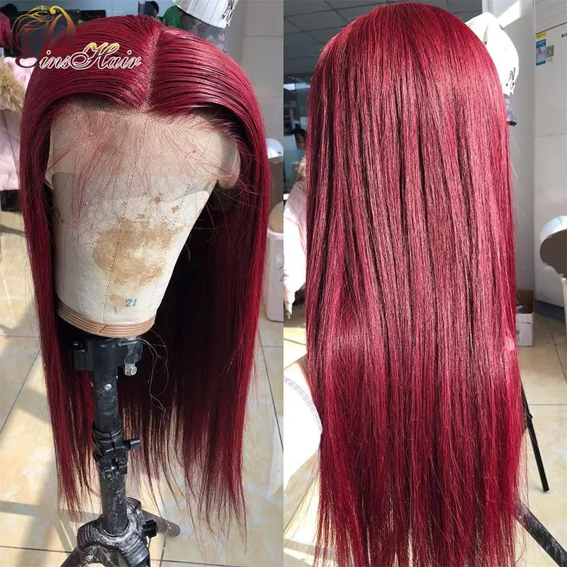 99J Red Lace Front Human Hair Wigs Brazilian Bone Straight Lace Frontal Wig Pre Plucked For Women Remy Human Hair 180% Density