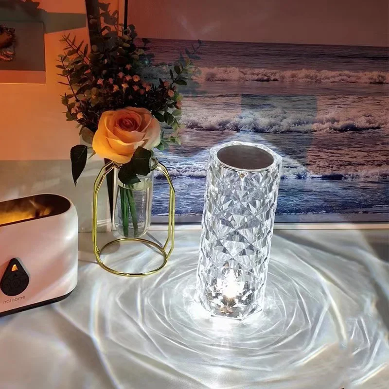 Touching Control Rose Crystal Lamp Bedside Table Bedroom Night Lamp  USB Rechargeable Projector LED Atmosphere Diamond Lights