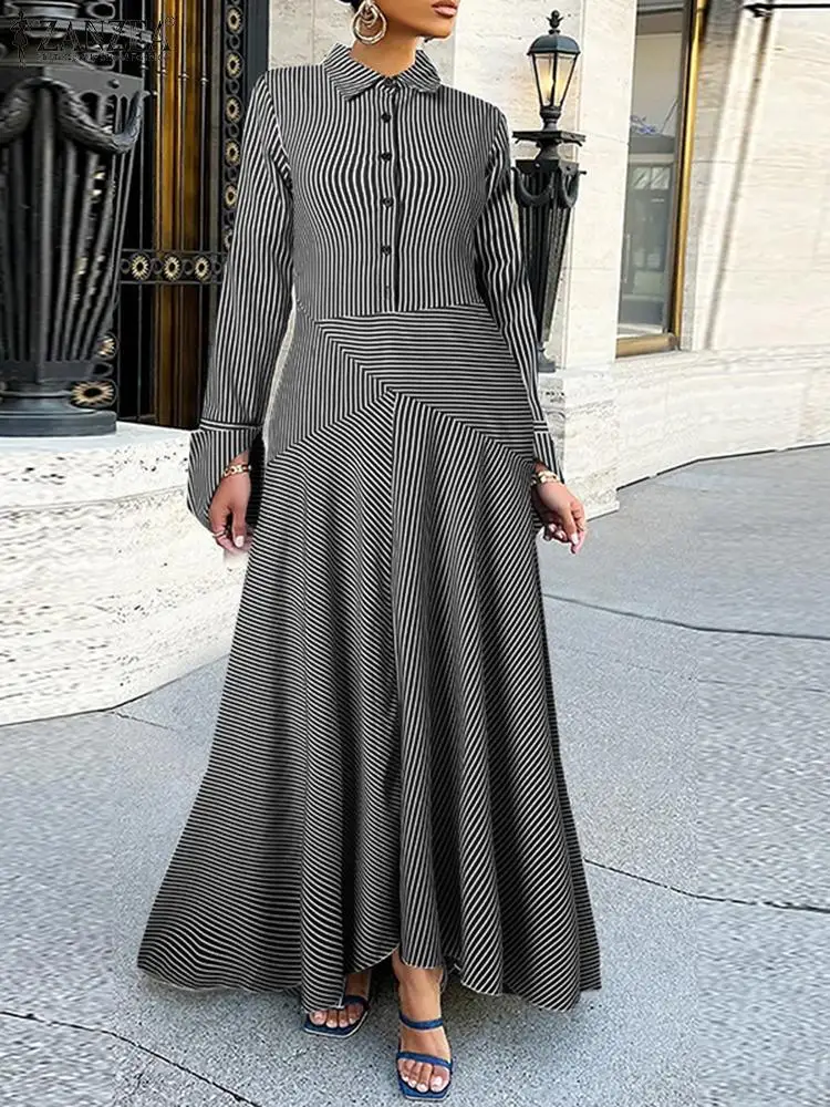 

ZANZEA Striped Patchwork Women 2023 Maxi Dress Long Sleeve Fashion Chic Lapel Shirt Dress Ruffled Streetwear Button Up Long Robe