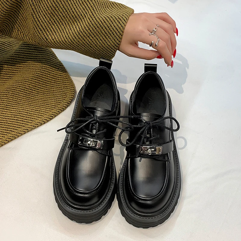 2023 Spring New Loafers Shoes Women Black High Heel British Style Leather Shoes Fashion Buckle Strap Casual Platform Shoes Woman