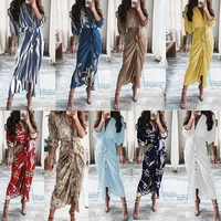 new womens dress sexy button cardigan solid color printed pleated half sleeve bandage long skirt