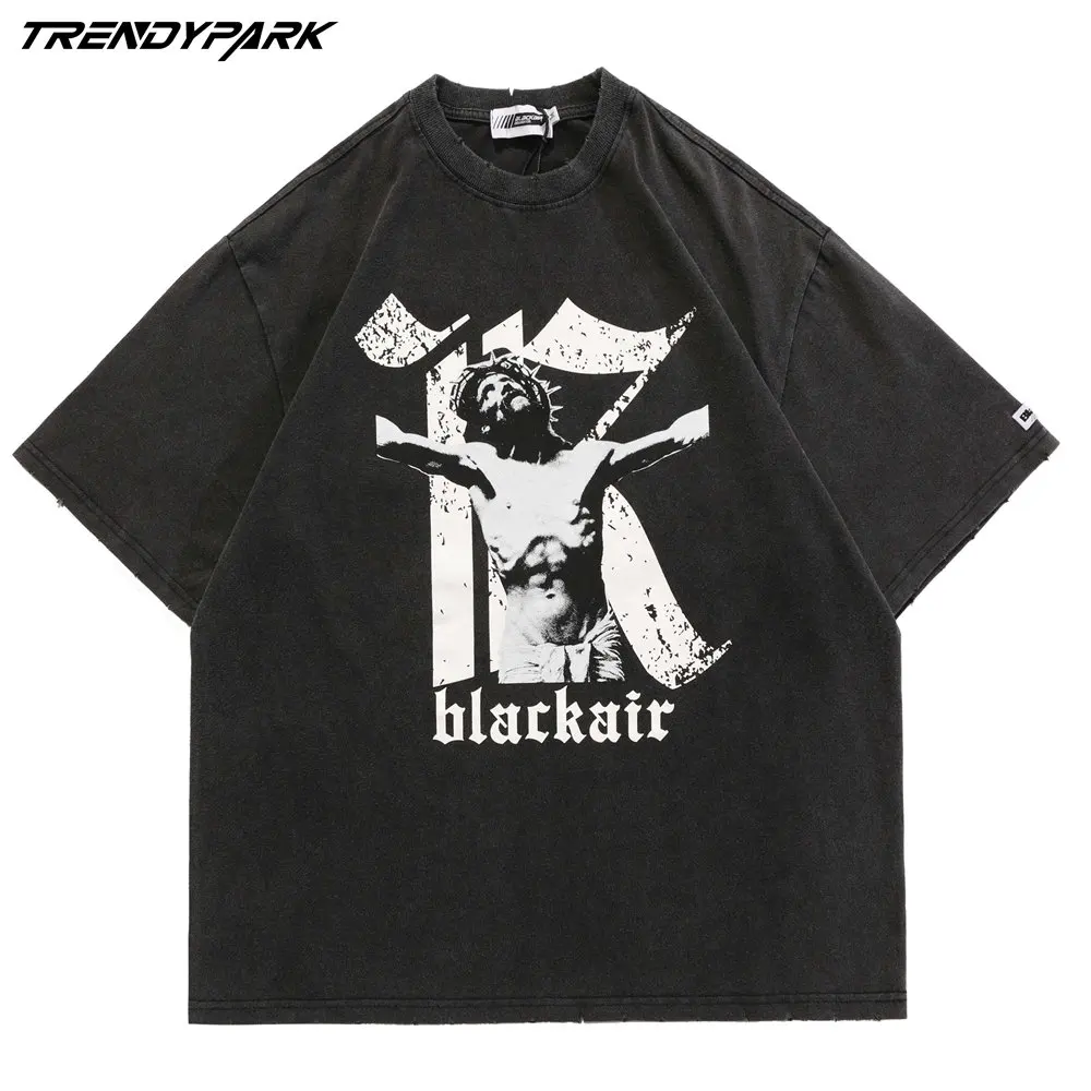 

Футболка мужская оверсайз с принтом в готическом стиле, мытый серый топ из хлопка с круглым вырезом, уличная одежда в стиле Харадзюку, Повсе...