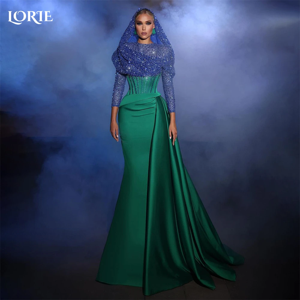

LORIE Sea Green Mermaid Evening Dresses Glitter Lace Luxury Pleats Formal Prom Dress Dubai Muslim Sparkly Wedding Party Gowns