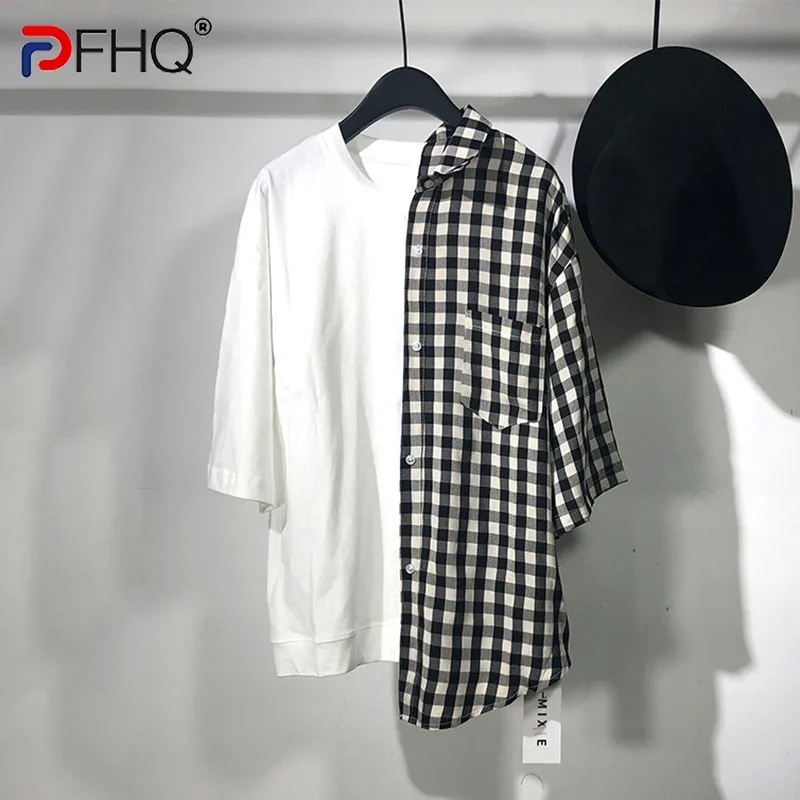 

PFHQ 2023 Summer New Fashion Casual Contrast Color Patchwork Plaid For Men's T-shirt Long Sleeve Loose Tops Men Tide 21F3752