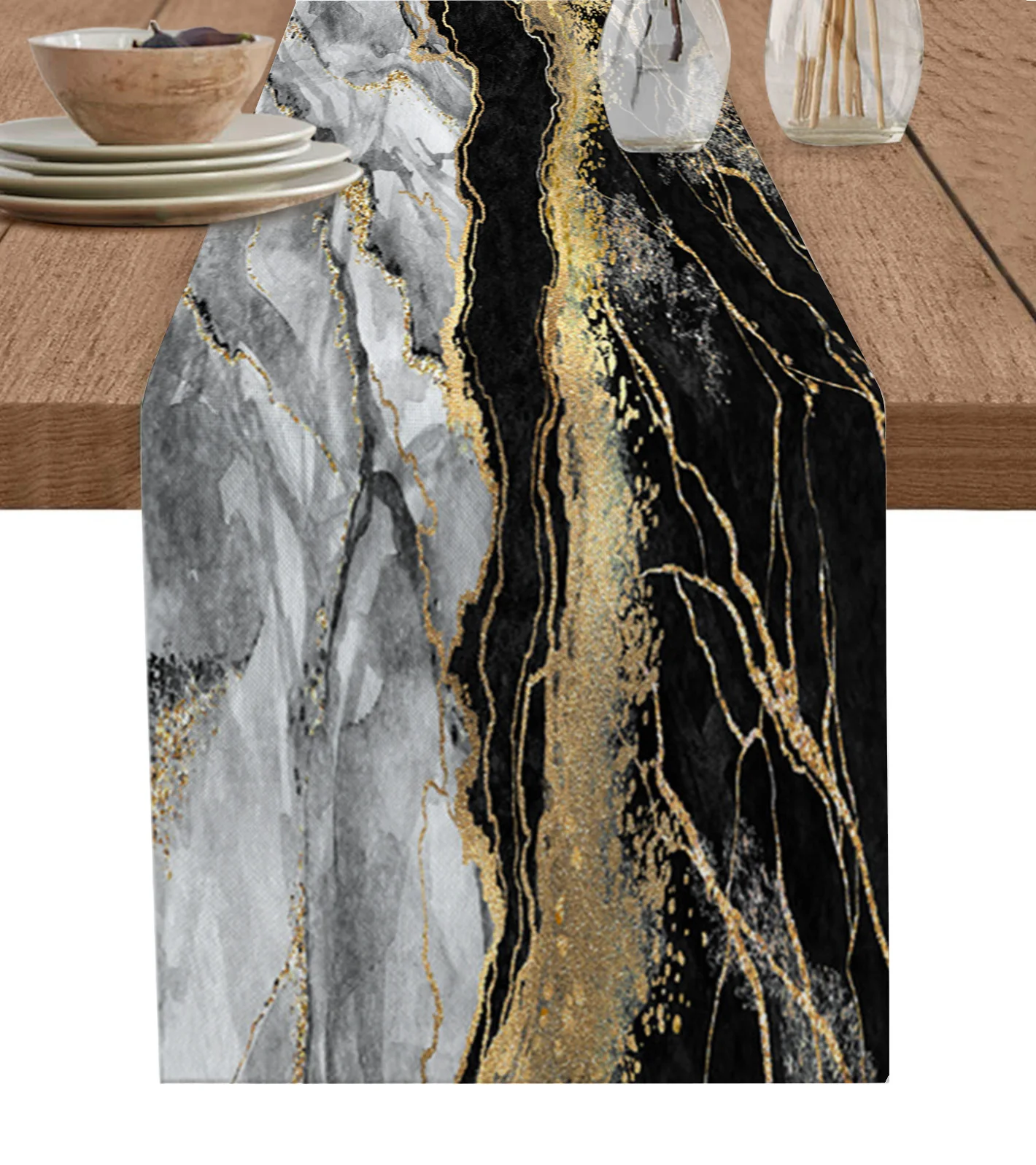 

Abstract Black Marble Table Runner Cotton Linen Wedding Dining Table Cover Cloth Home Kitchen Decoration Placemat