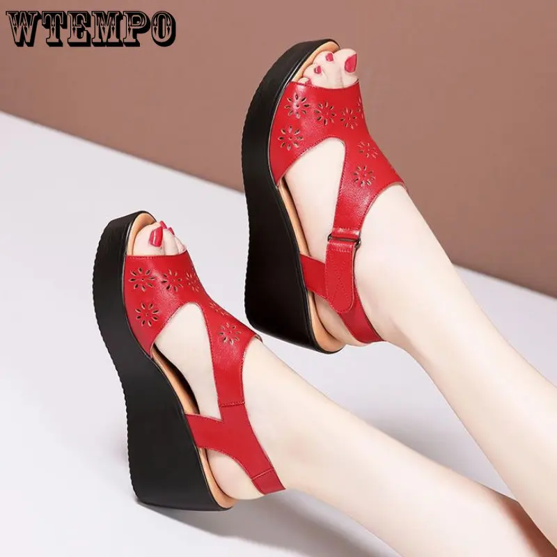WTEMPO Women Wedge Sandals Summer Fashionable Hollow Platform Mother Shoes Comfortable and Versatile Fashion Retro Sandals