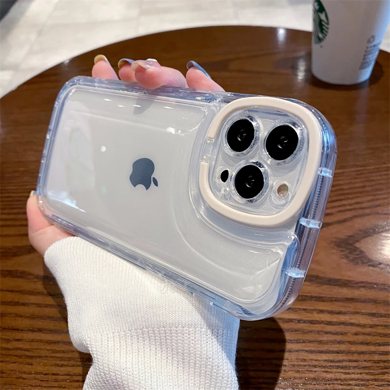 

Luxucy Invisible Camera Lens Folding Square Stand Holder Transparent Case For iPhone 14 13 12 11 Pro Max 14 Plus Silicone Cover