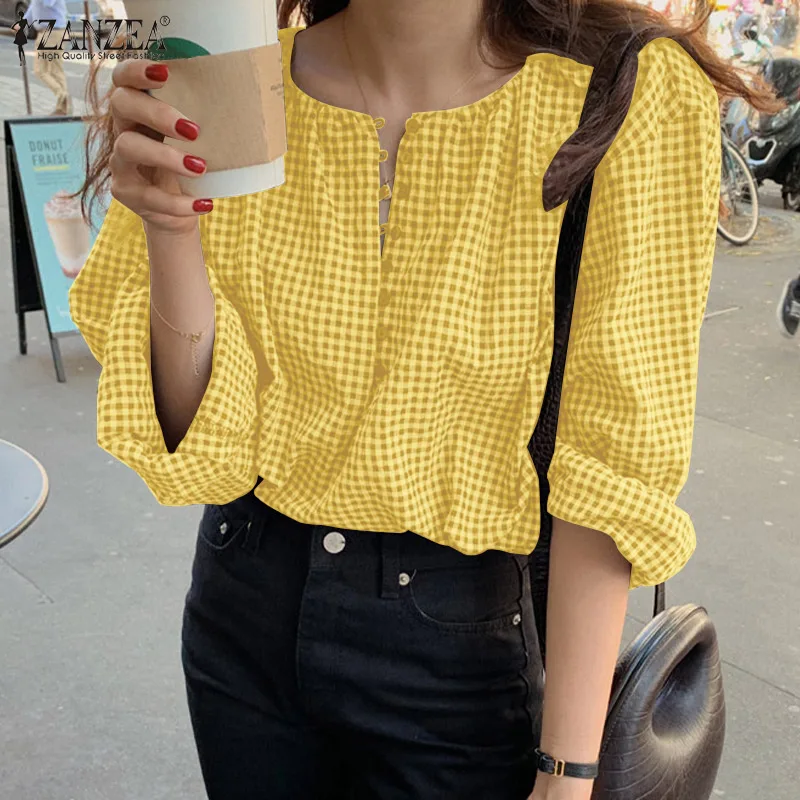 

ZANZEA Spring Plaid Checked Blouse Casual O Neck Holiday Shirt Female Vintage Blusas Tunic Fashion Women Long Sleeve Tops Mujer