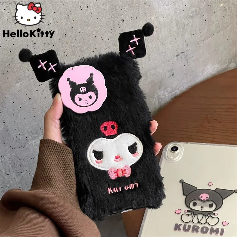 

Sanrio Kuromi плюшевая вышивка мультфильм аниме чехол для IPhone 11 12 13 14 Pro Max оболочка с флип-зеркалом новый креативный дизайн чехол